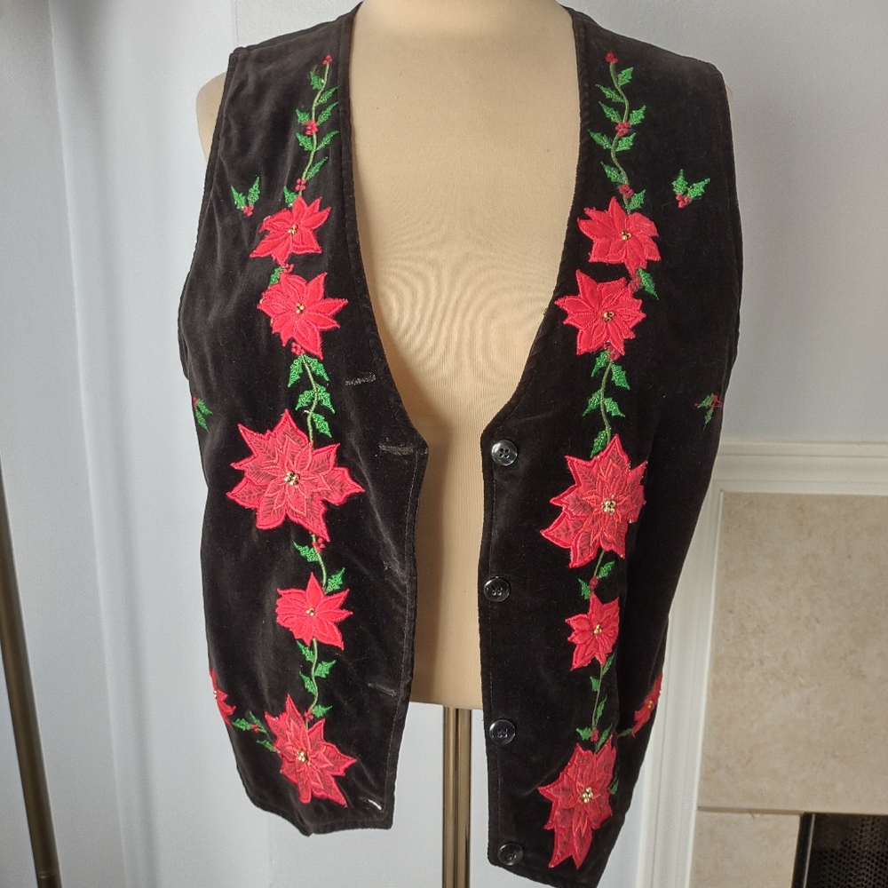 Casey & Max Velvet Poinsettia Detailed Vest M - Picture 7 of 10